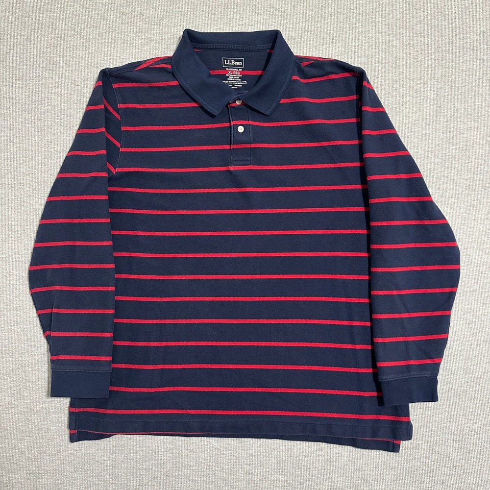 L.L. Bean Long Sleeve Polo Shirt Navy Blue Red Striped Cotton Mens Size XL
